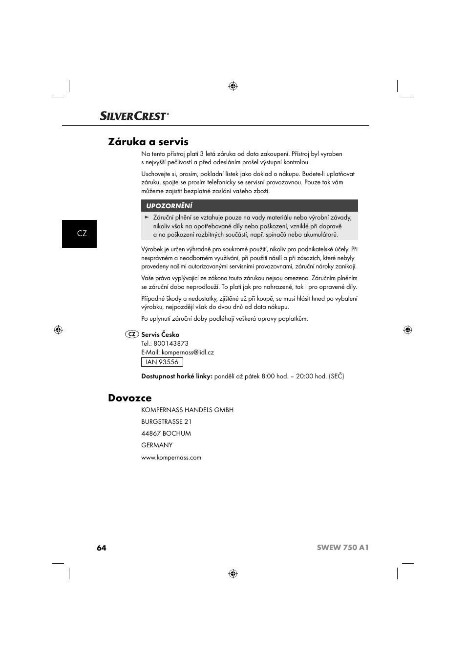 Záruka a servis, Dovozce | Silvercrest SWEW 750 A1 User Manual | Page 67 / 101