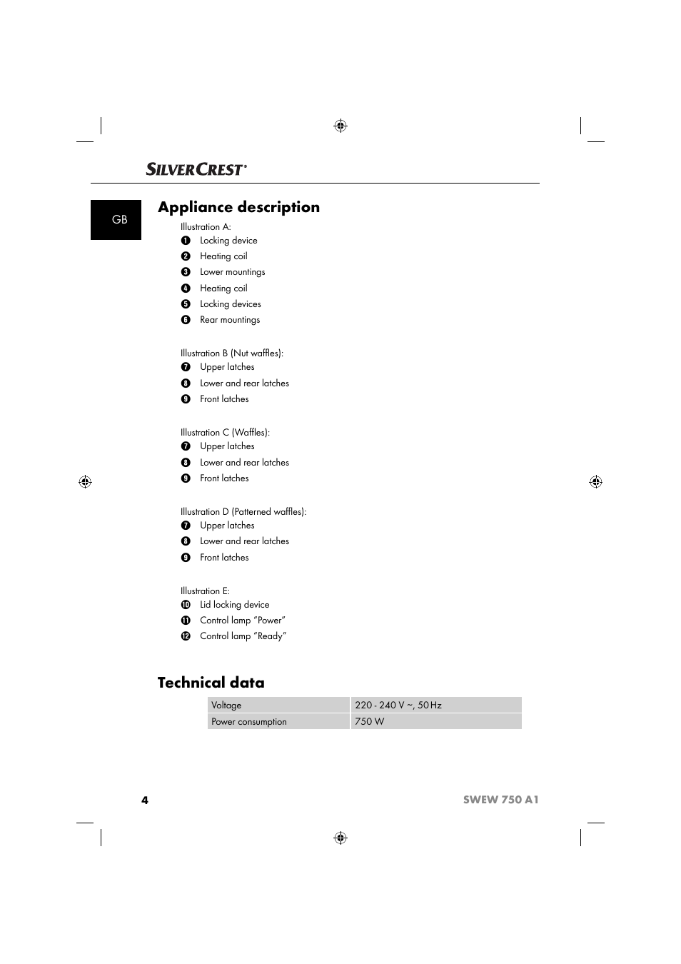 Appliance description, Technical data | Silvercrest SWEW 750 A1 User Manual | Page 7 / 101