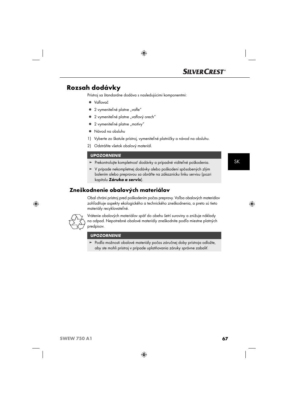 Rozsah dodávky, Zneškodnenie obalových materiálov | Silvercrest SWEW 750 A1 User Manual | Page 70 / 101
