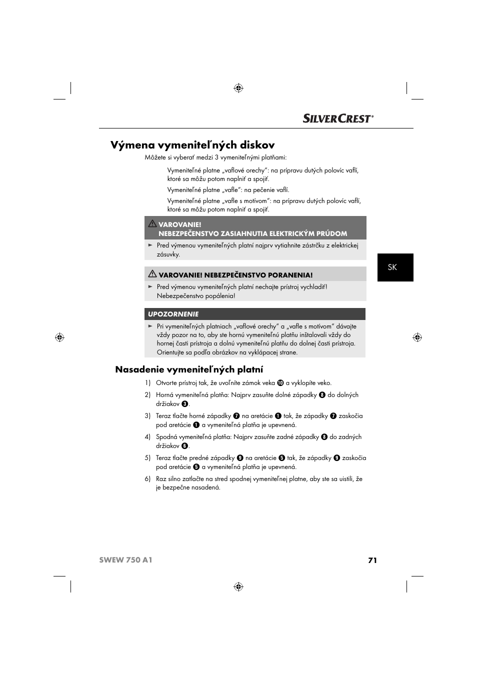 Výmena vymeniteľných diskov, Nasadenie vymeniteľných platní | Silvercrest SWEW 750 A1 User Manual | Page 74 / 101