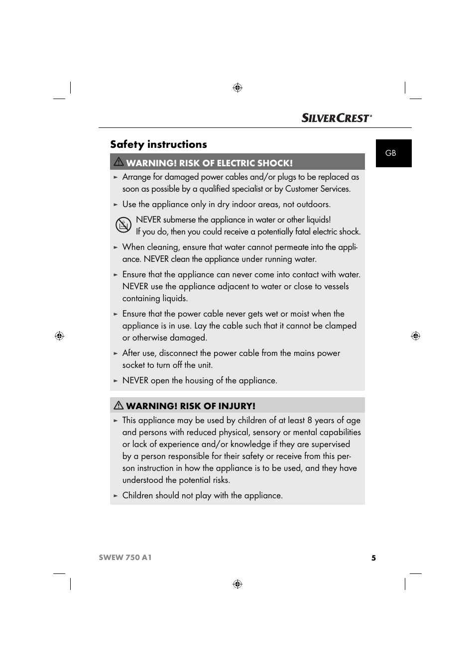 Safety instructions, Warning! risk of electric shock, Children should not play with the appliance | Silvercrest SWEW 750 A1 User Manual | Page 8 / 101