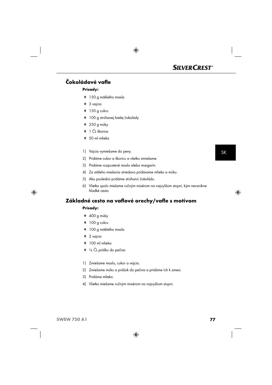 Čokoládové vaﬂ e, Základné cesto na vaﬂ ové orechy/vaﬂ e s motívom | Silvercrest SWEW 750 A1 User Manual | Page 80 / 101