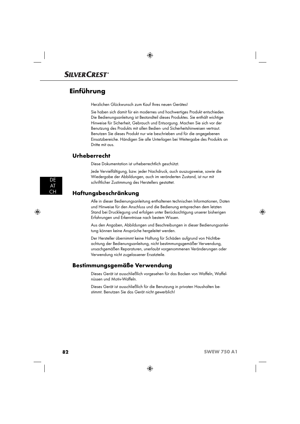 Einführung, Urheberrecht, Haftungsbeschränkung | Bestimmungsgemäße verwendung, De at ch | Silvercrest SWEW 750 A1 User Manual | Page 85 / 101