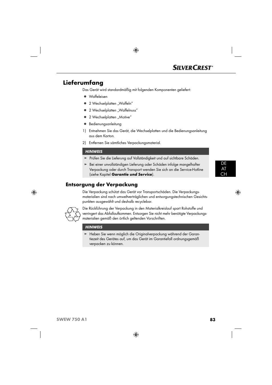 Lieferumfang, Entsorgung der verpackung, De at ch | Silvercrest SWEW 750 A1 User Manual | Page 86 / 101