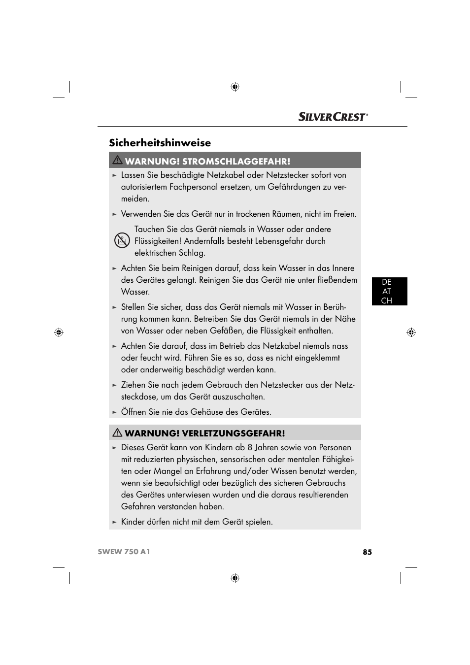 Sicherheitshinweise, Warnung! stromschlaggefahr, Kinder dürfen nicht mit dem gerät spielen | Silvercrest SWEW 750 A1 User Manual | Page 88 / 101