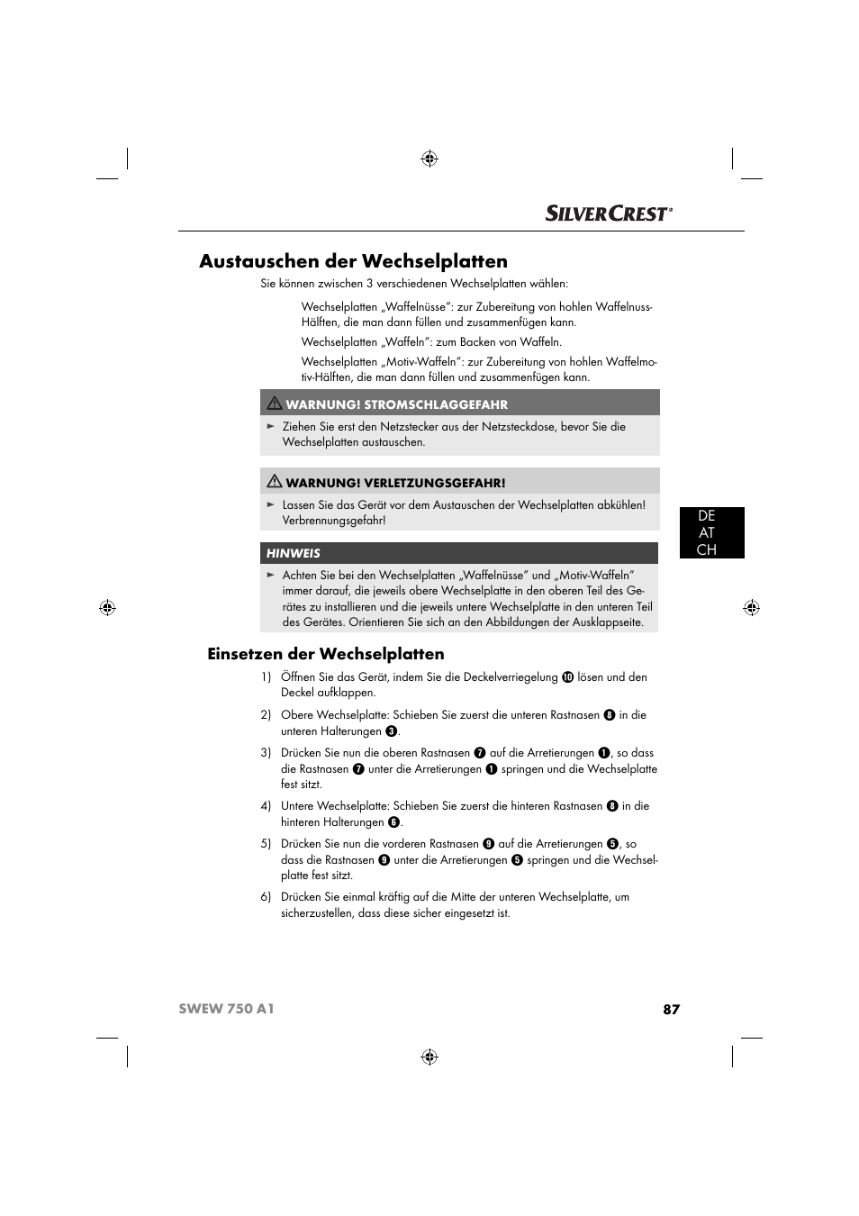 Austauschen der wechselplatten, Einsetzen der wechselplatten, De at ch | Silvercrest SWEW 750 A1 User Manual | Page 90 / 101