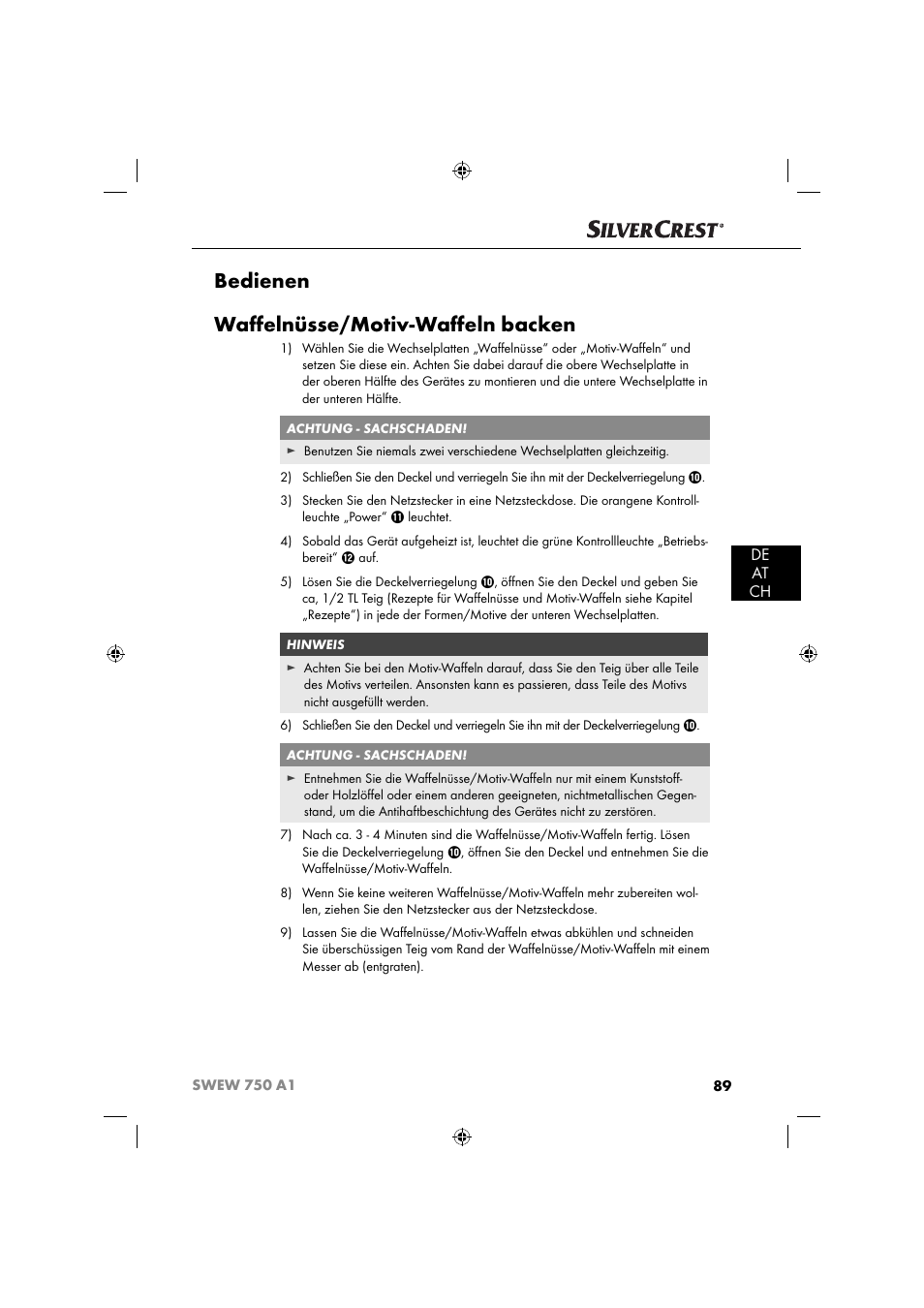 Bedienen waff elnüsse/motiv-waff eln backen, De at ch | Silvercrest SWEW 750 A1 User Manual | Page 92 / 101