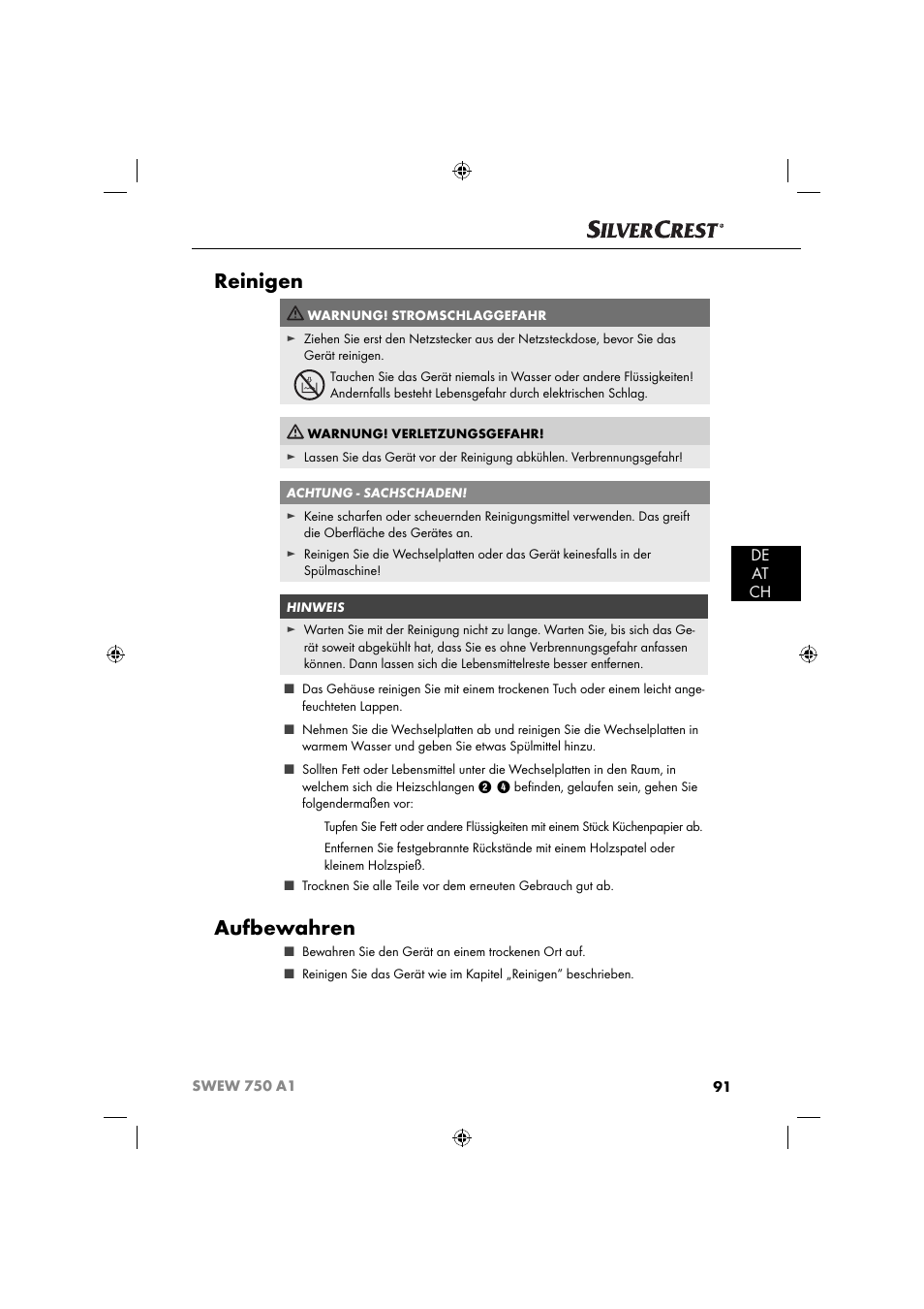 Reinigen, Aufbewahren, De at ch | Silvercrest SWEW 750 A1 User Manual | Page 94 / 101