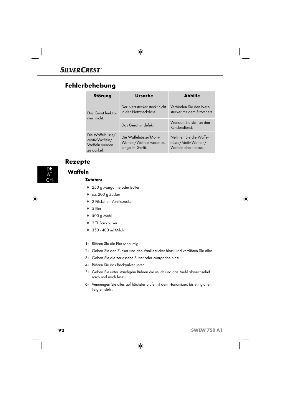 Fehlerbehebung, Rezepte, Waﬀ eln | De at ch | Silvercrest SWEW 750 A1 User Manual | Page 95 / 101