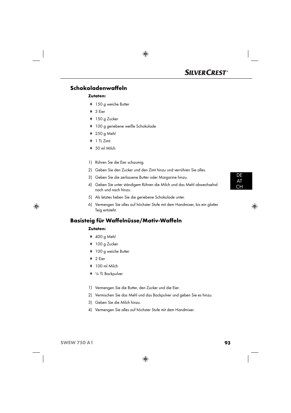 Schokoladenwaﬀ eln, Basisteig für waﬀ elnüsse/motiv-waﬀ eln, De at ch | Silvercrest SWEW 750 A1 User Manual | Page 96 / 101
