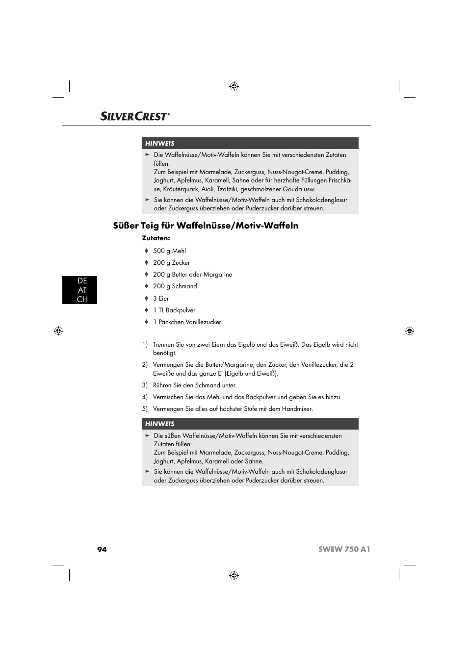 Süßer teig für waﬀ elnüsse/motiv-waﬀ eln, De at ch | Silvercrest SWEW 750 A1 User Manual | Page 97 / 101