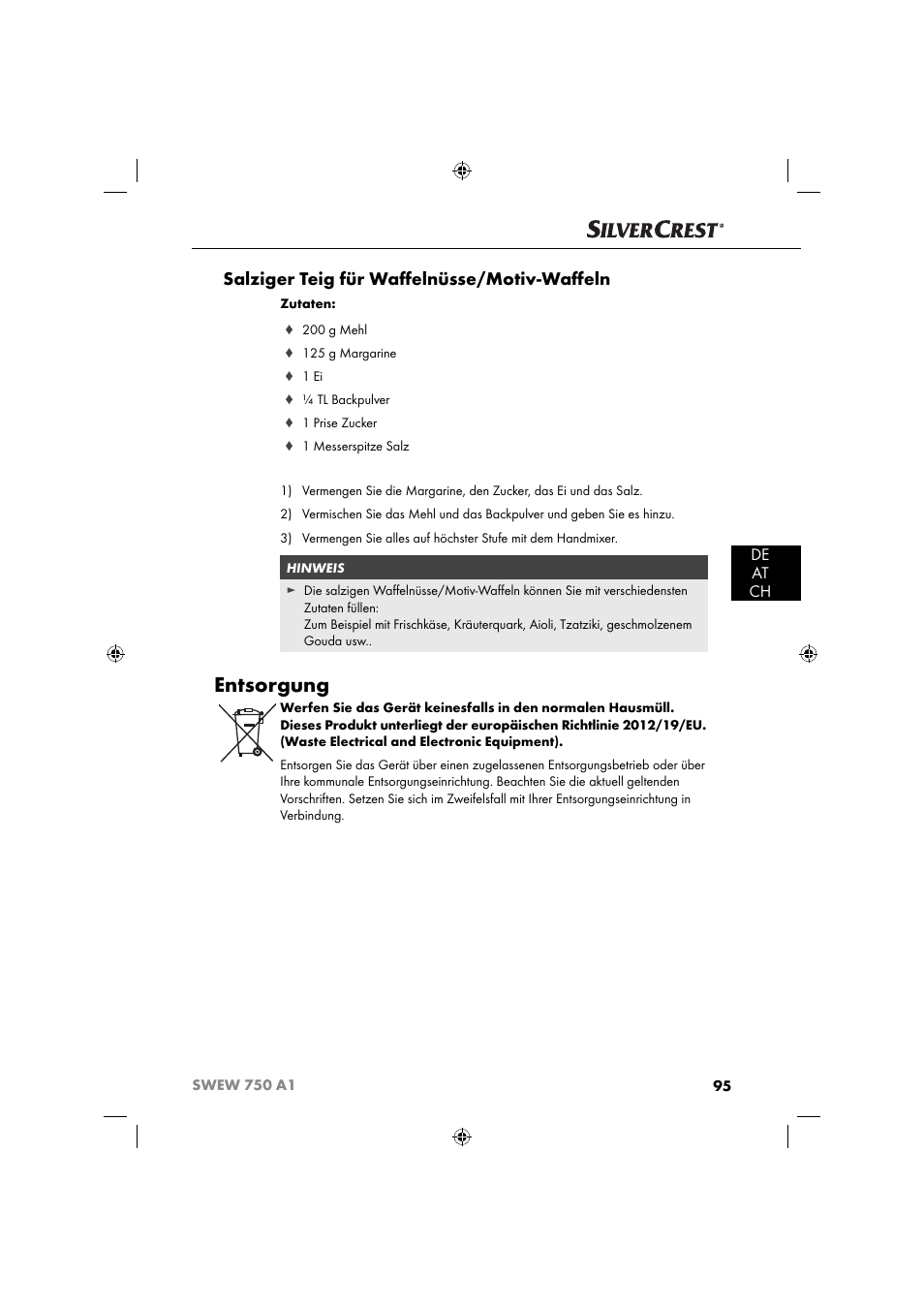Entsorgung, Salziger teig für waﬀ elnüsse/motiv-waﬀ eln, De at ch | Silvercrest SWEW 750 A1 User Manual | Page 98 / 101