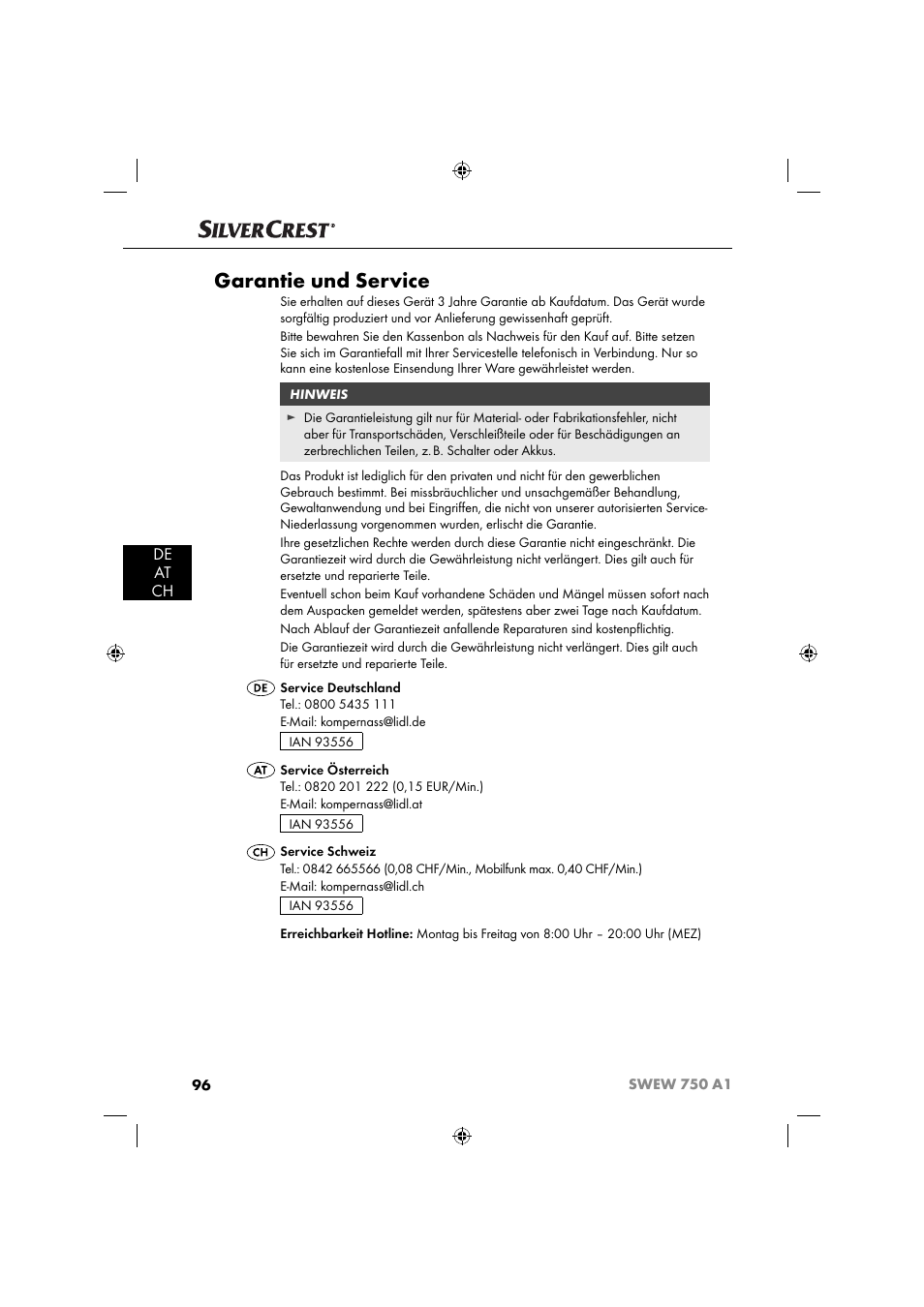 Garantie und service, De at ch | Silvercrest SWEW 750 A1 User Manual | Page 99 / 101