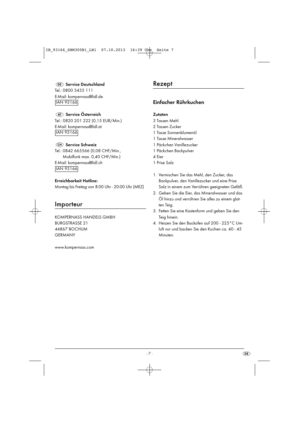 Importeur, Rezept, Einfacher rührkuchen | Silvercrest SHM 300 B1 User Manual | Page 10 / 43