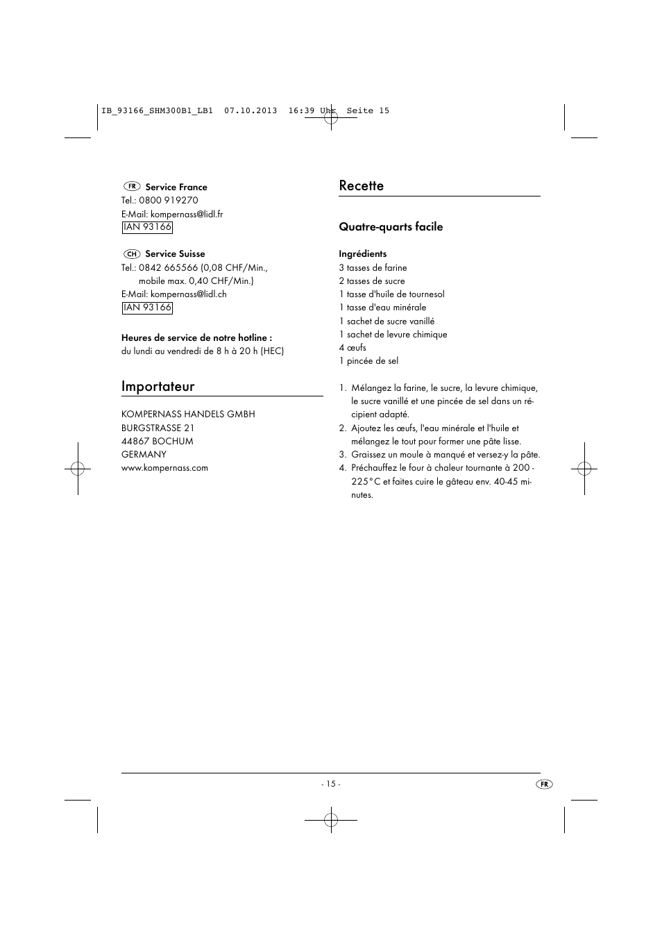 Importateur, Recette, Quatre-quarts facile | Silvercrest SHM 300 B1 User Manual | Page 18 / 43