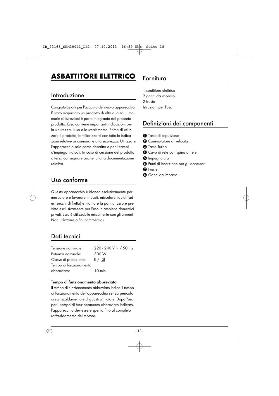 Asbattitore elettrico, Introduzione, Uso conforme | Dati tecnici, Fornitura, Definizioni dei componenti | Silvercrest SHM 300 B1 User Manual | Page 21 / 43