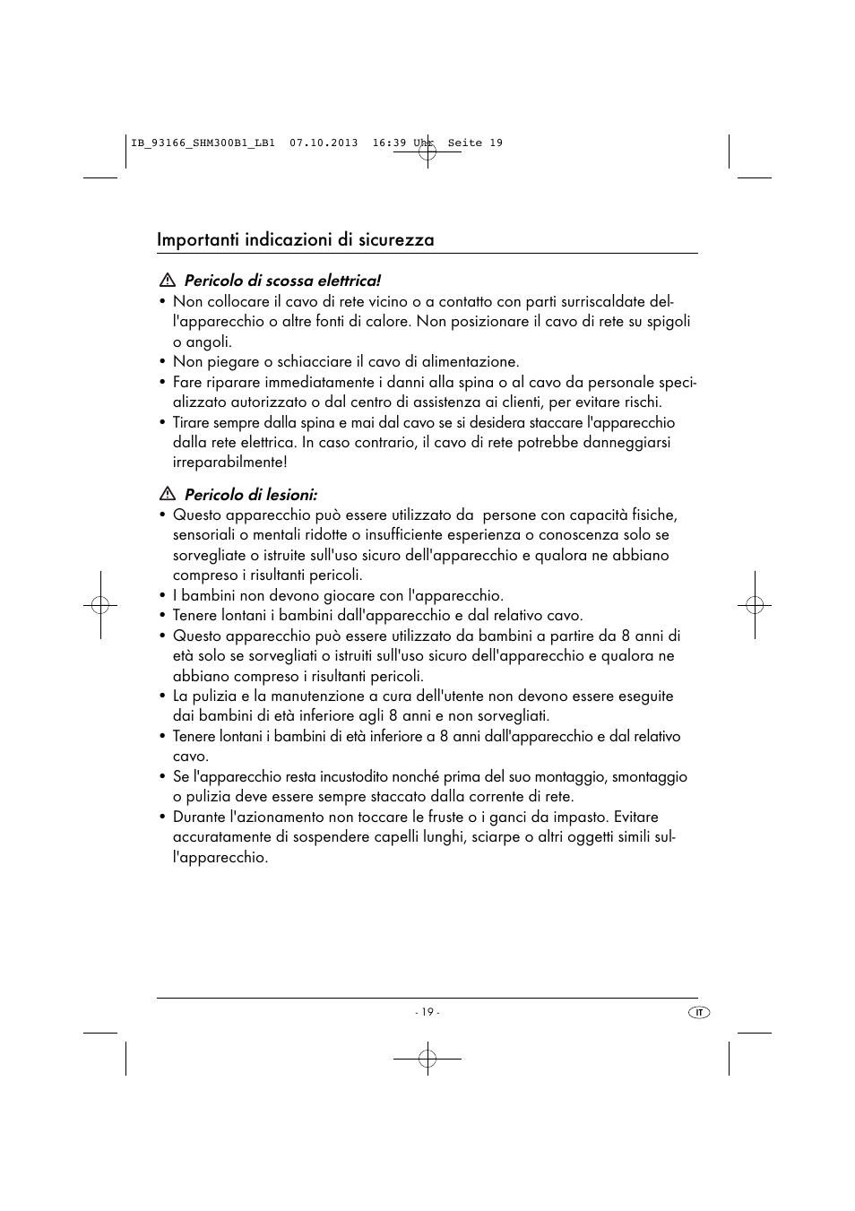 Importanti indicazioni di sicurezza | Silvercrest SHM 300 B1 User Manual | Page 22 / 43