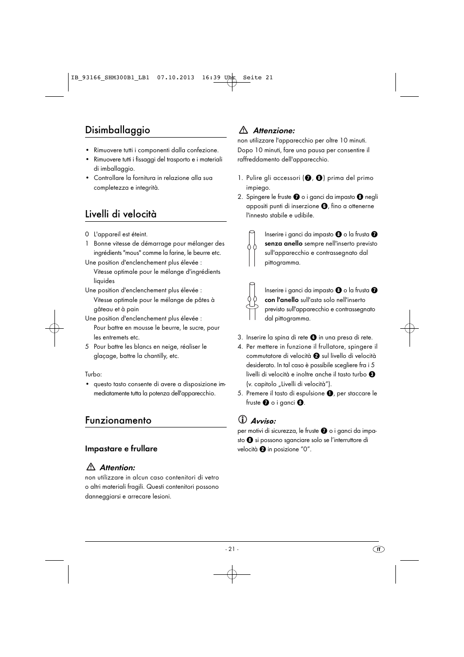 Disimballaggio, Livelli di velocità, Funzionamento | Impastare e frullare attention, Attenzione, Avviso | Silvercrest SHM 300 B1 User Manual | Page 24 / 43