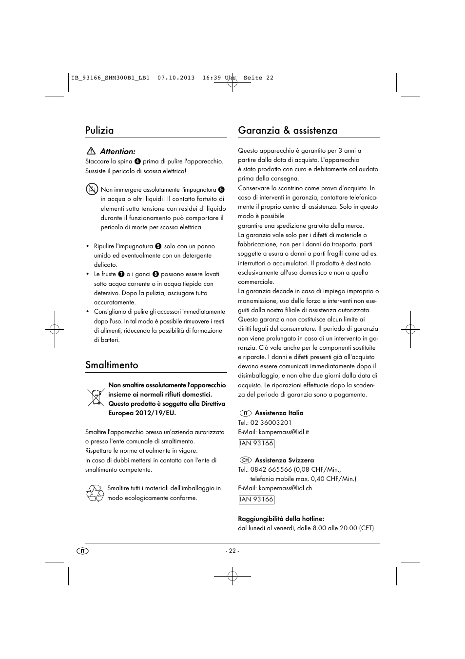 Pulizia, Smaltimento, Garanzia & assistenza | Attention | Silvercrest SHM 300 B1 User Manual | Page 25 / 43