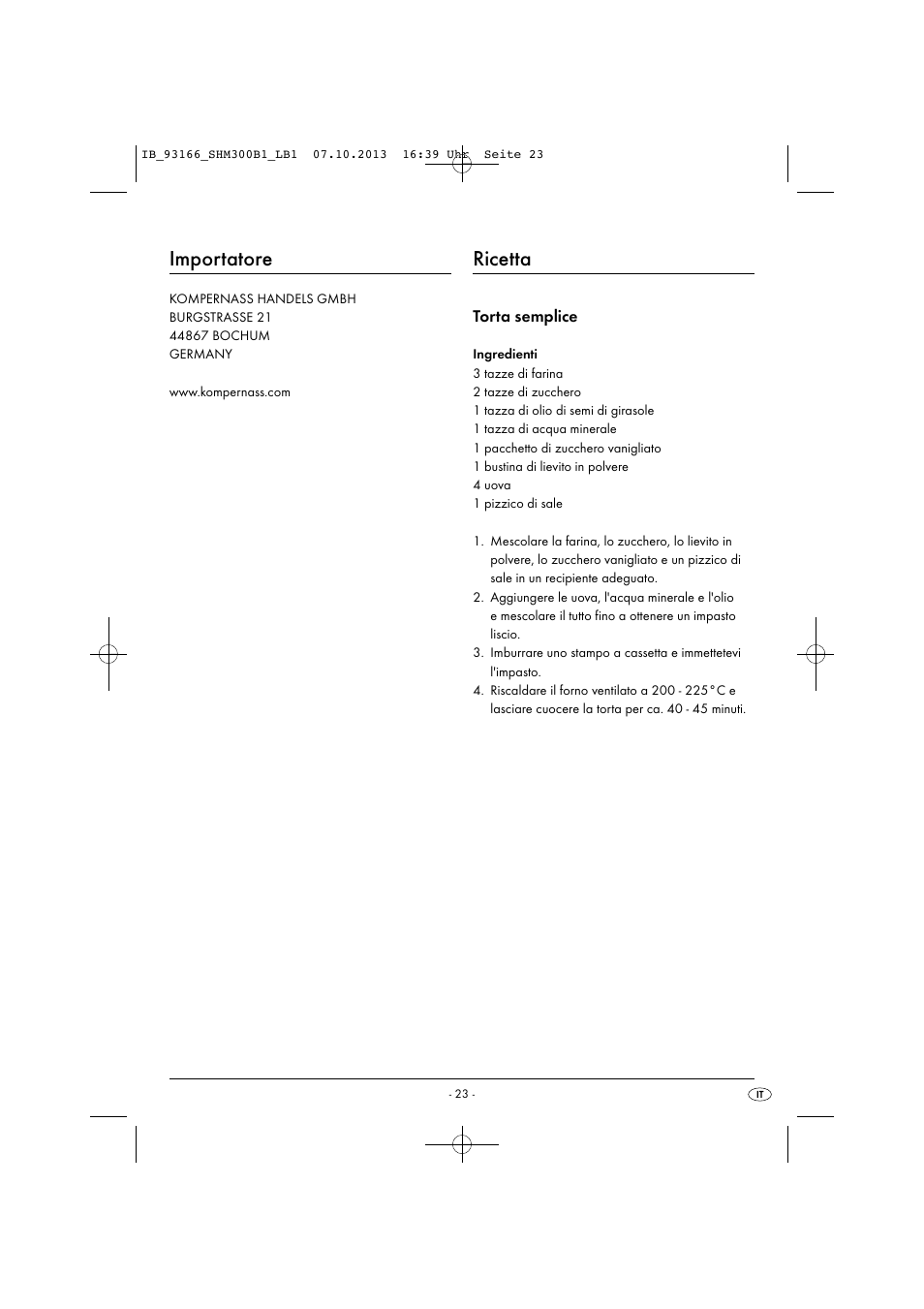 Importatore, Ricetta, Torta semplice | Silvercrest SHM 300 B1 User Manual | Page 26 / 43