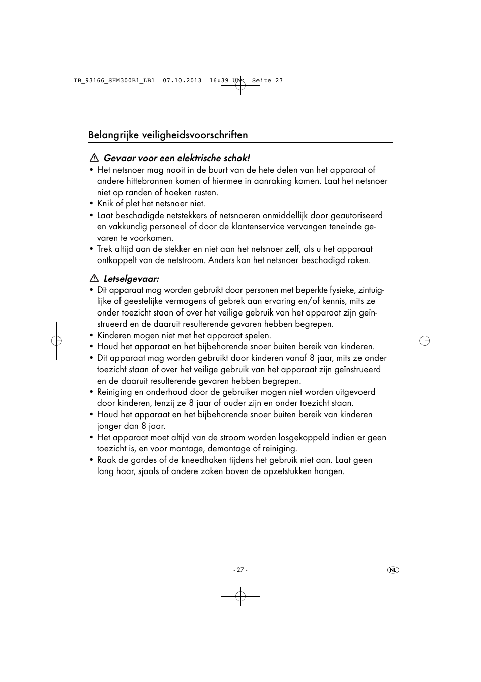 Belangrijke veiligheidsvoorschriften | Silvercrest SHM 300 B1 User Manual | Page 30 / 43