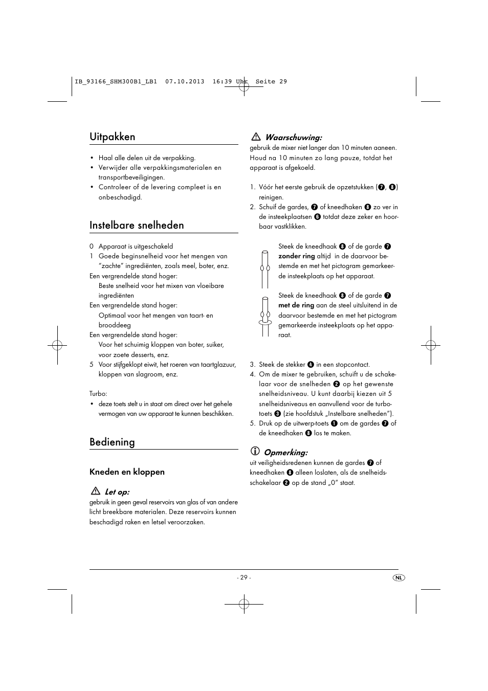 Uitpakken, Instelbare snelheden, Bediening | Kneden en kloppen let op, Waarschuwing, Opmerking | Silvercrest SHM 300 B1 User Manual | Page 32 / 43