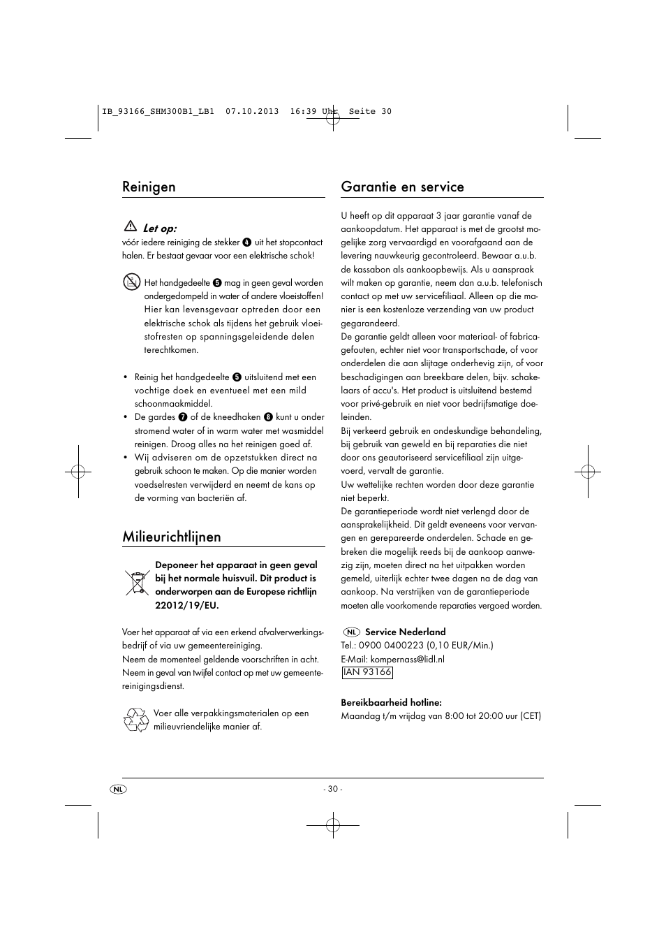 Reinigen, Milieurichtlijnen, Garantie en service | Let op | Silvercrest SHM 300 B1 User Manual | Page 33 / 43