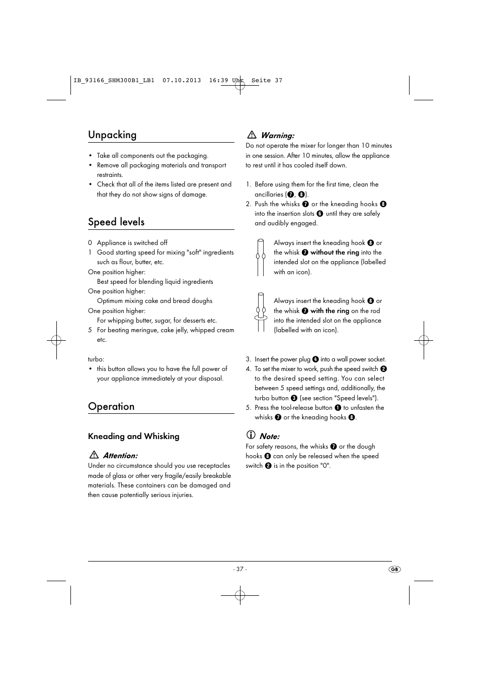 Unpacking, Speed levels, Operation | Kneading and whisking attention, Warning | Silvercrest SHM 300 B1 User Manual | Page 40 / 43