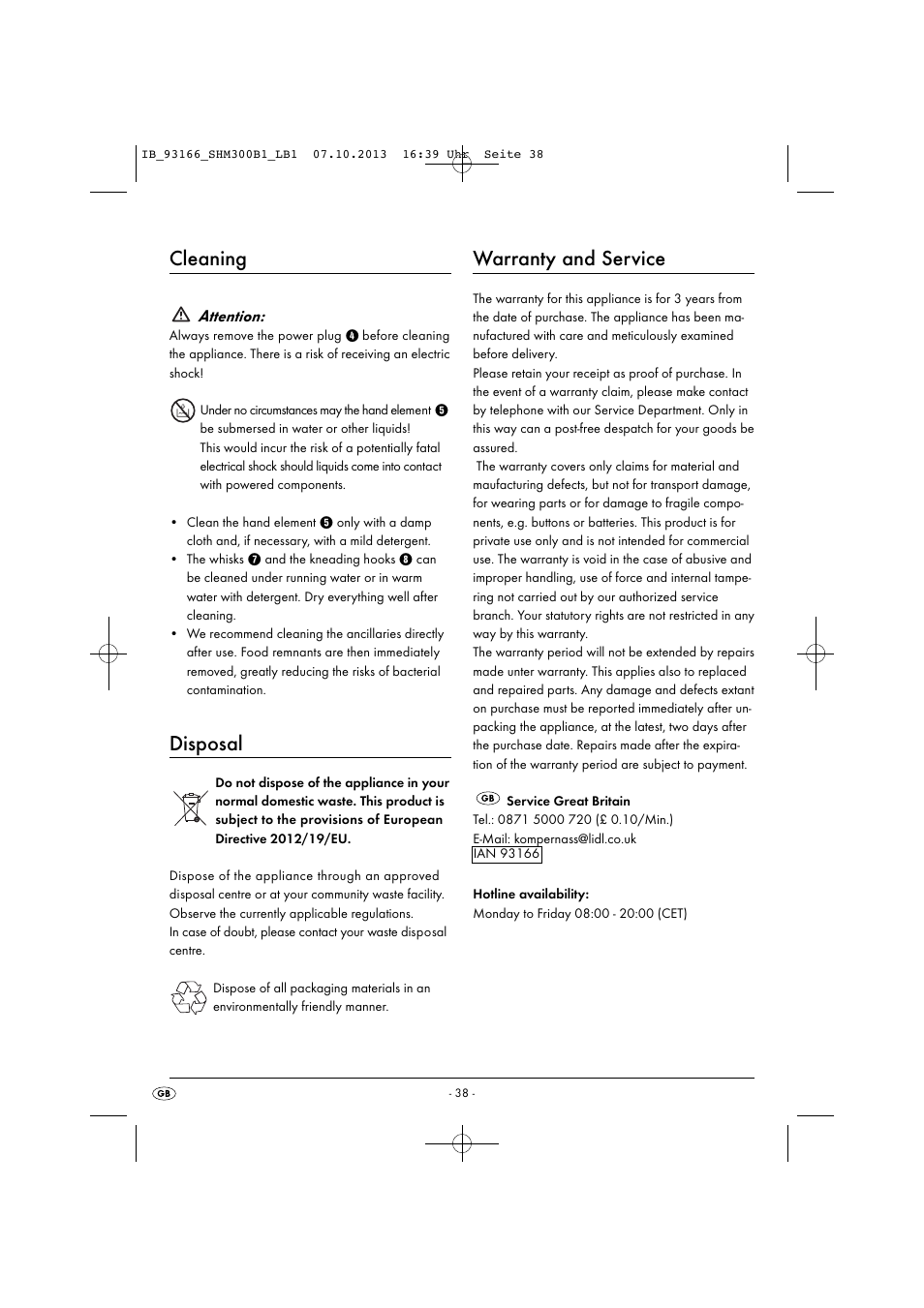 Cleaning, Disposal, Warranty and service | Attention | Silvercrest SHM 300 B1 User Manual | Page 41 / 43