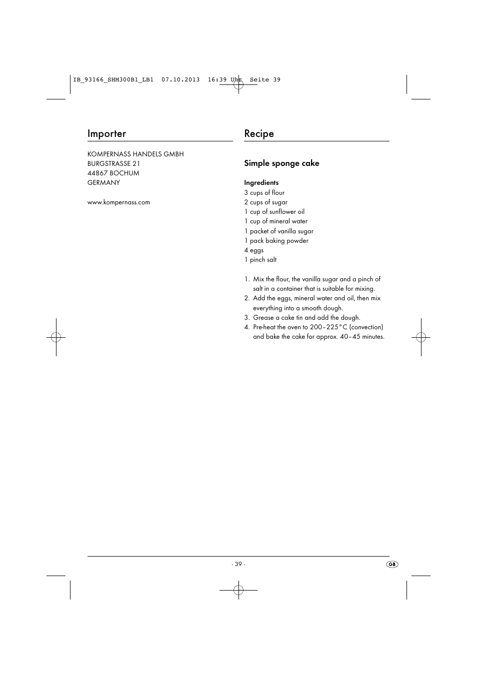 Importer, Recipe | Silvercrest SHM 300 B1 User Manual | Page 42 / 43