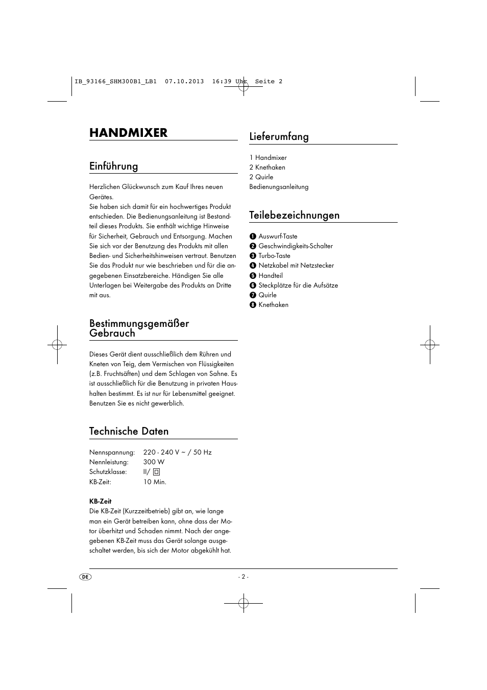Handmixer, Einführung, Bestimmungsgemäßer gebrauch | Technische daten, Lieferumfang, Teilebezeichnungen | Silvercrest SHM 300 B1 User Manual | Page 5 / 43