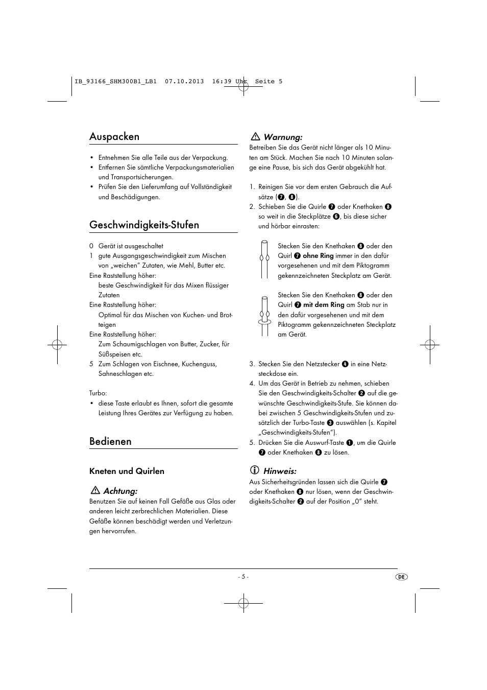 Auspacken, Geschwindigkeits-stufen, Bedienen | Kneten und quirlen achtung, Warnung, Hinweis | Silvercrest SHM 300 B1 User Manual | Page 8 / 43