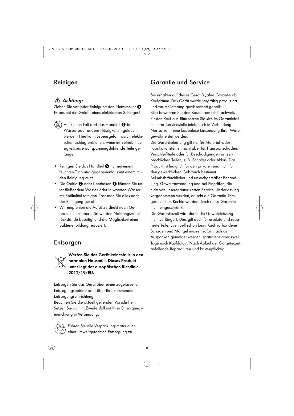 Reinigen, Entsorgen, Garantie und service | Silvercrest SHM 300 B1 User Manual | Page 9 / 43