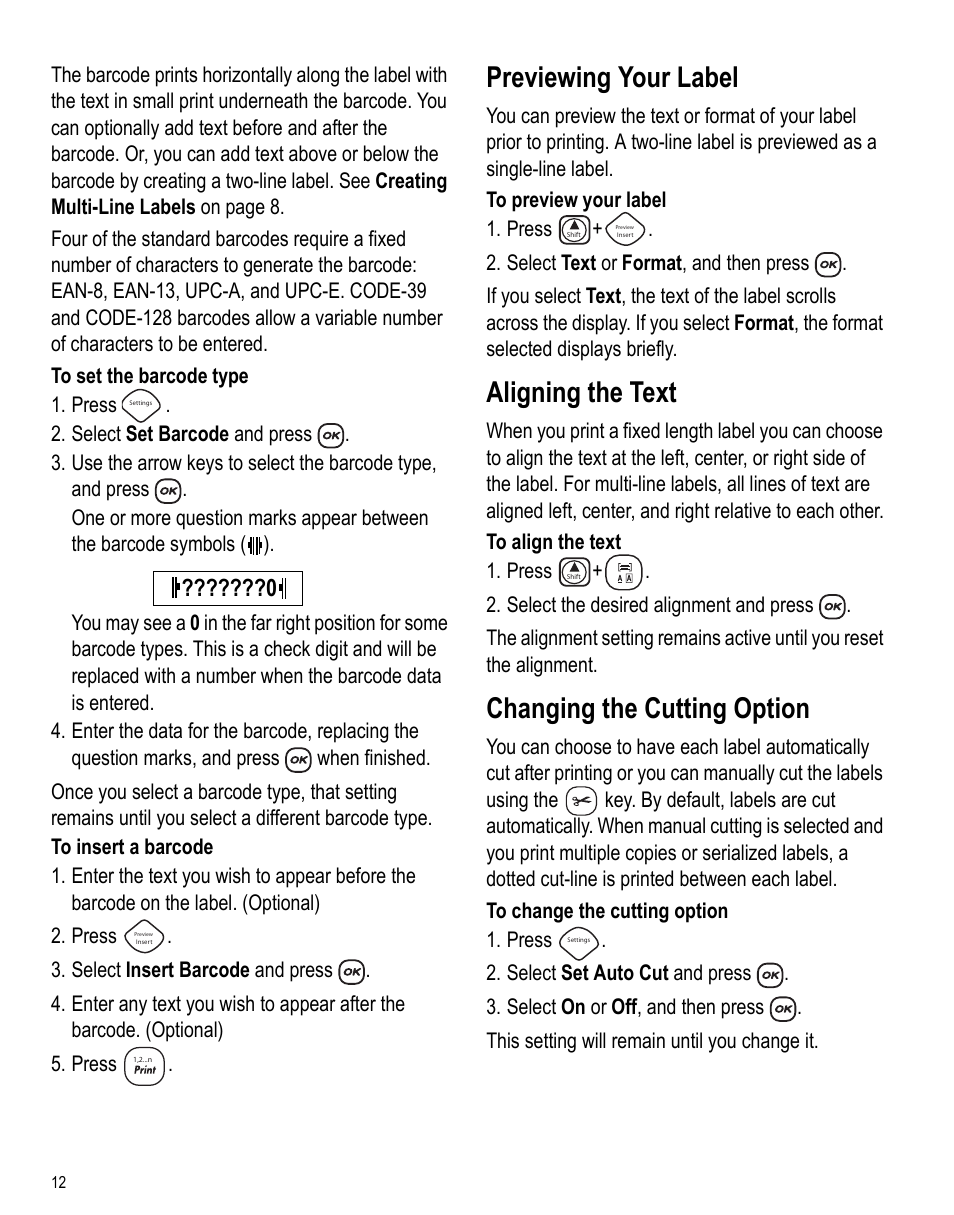 Previewing your label, Aligning the text, Changing the cutting option | Dymo 450 User Manual | Page 11 / 14
