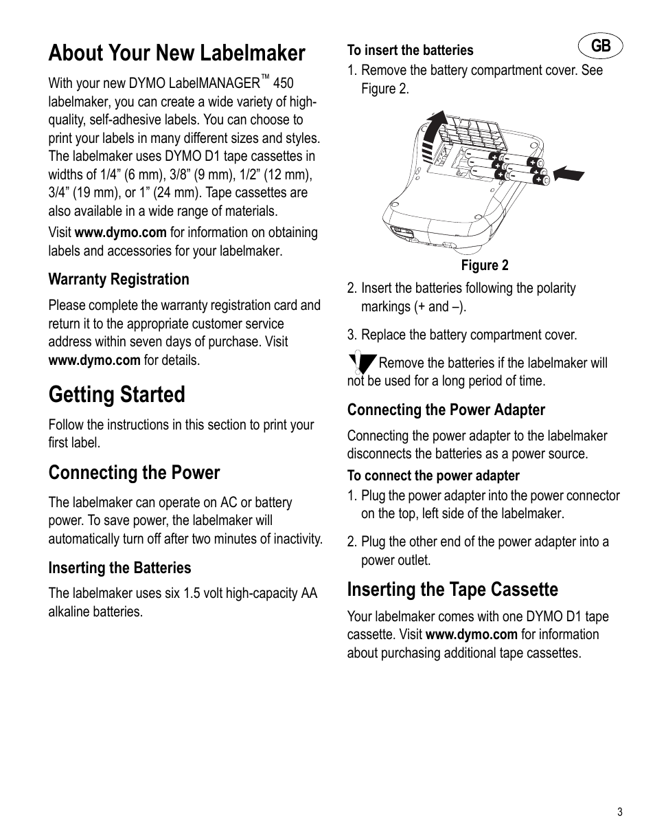 About your new labelmaker, Warranty registration, Getting started | Connecting the power, Inserting the batteries, Connecting the power adapter, Inserting the tape cassette | Dymo 450 User Manual | Page 2 / 14