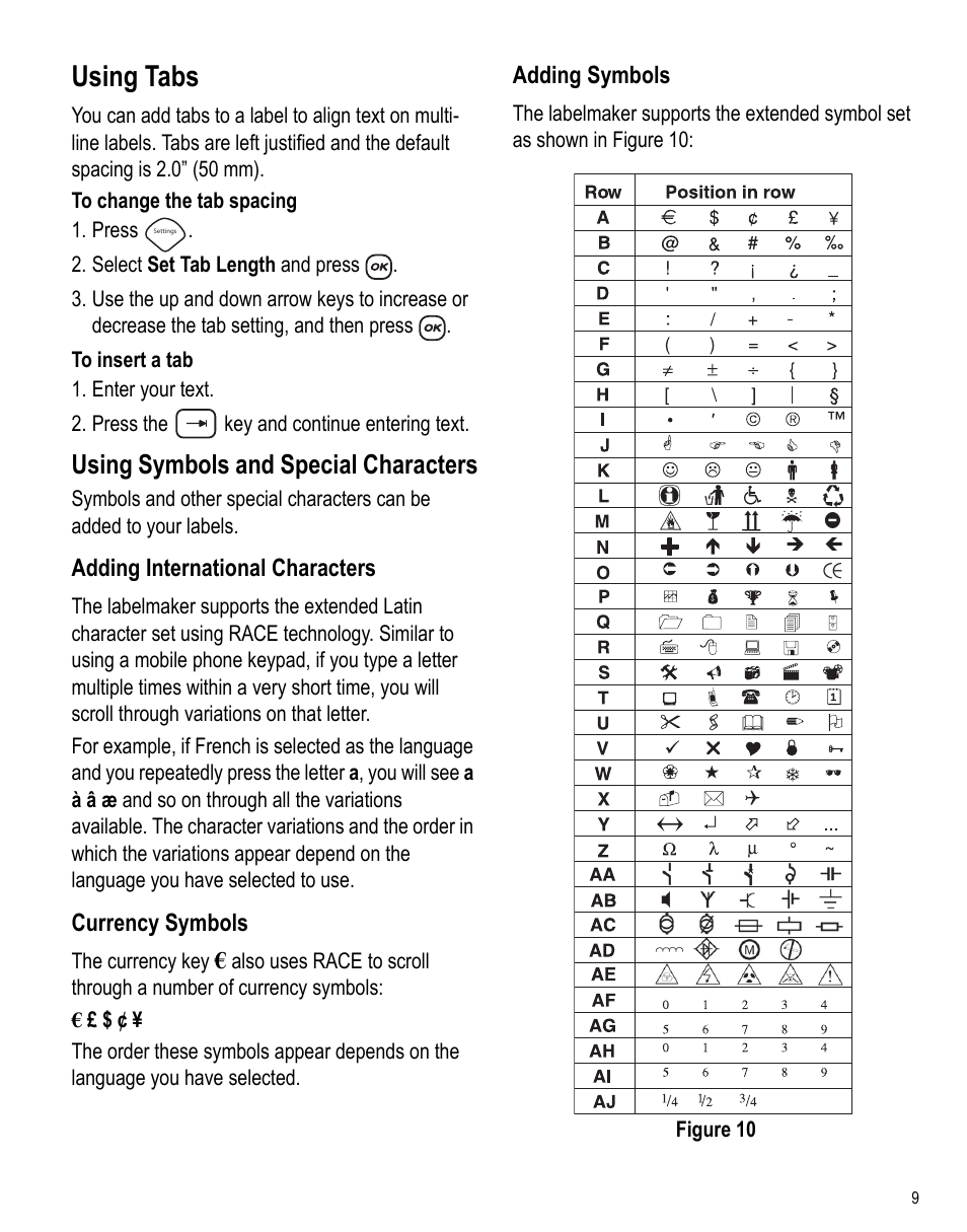 Using tabs, Using symbols and special characters, Adding international characters | Currency symbols, Adding symbols | Dymo 450 User Manual | Page 8 / 14