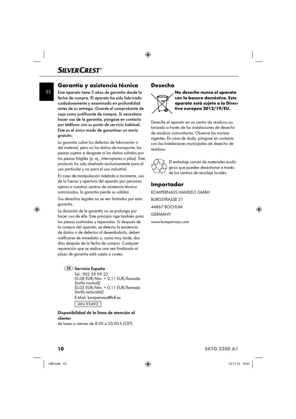 Garantía y asistencia técnica, Desecho, Importador | Silvercrest SKTG 2200 A1 User Manual | Page 13 / 54