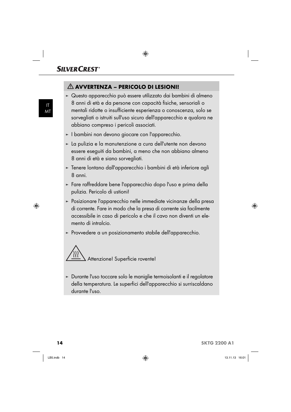 Avvertenza – pericolo di lesioni, I bambini non devono giocare con l'apparecchio | Silvercrest SKTG 2200 A1 User Manual | Page 17 / 54