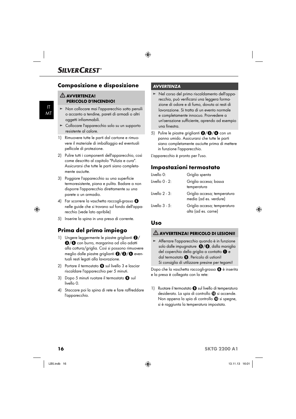 Composizione e disposizione, Prima del primo impiego, Impostazioni termostato | Silvercrest SKTG 2200 A1 User Manual | Page 19 / 54