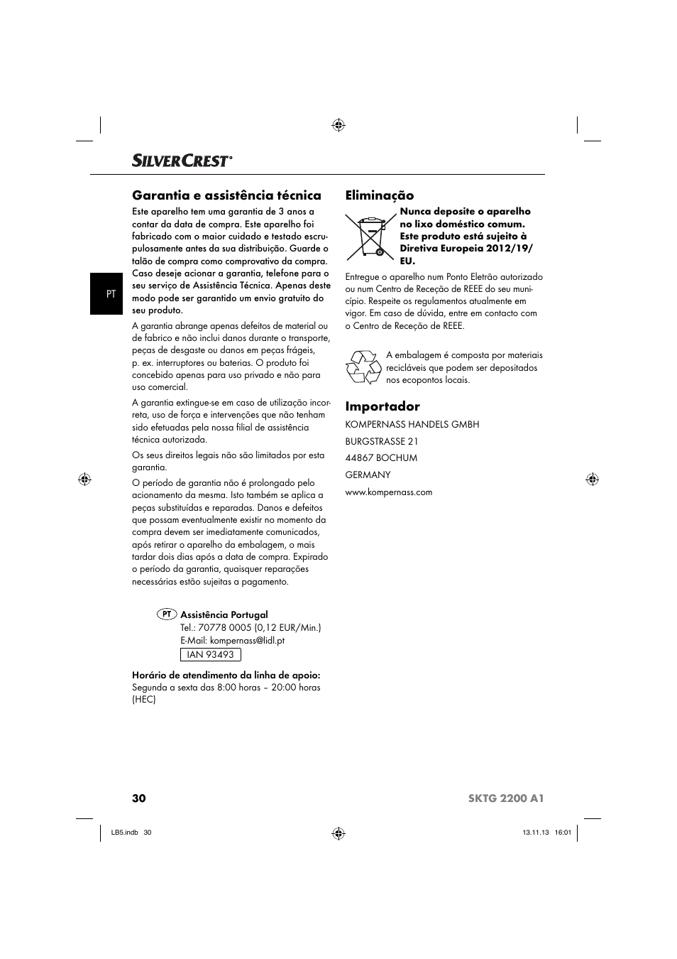 Garantia e assistência técnica, Eliminação, Importador | Silvercrest SKTG 2200 A1 User Manual | Page 33 / 54