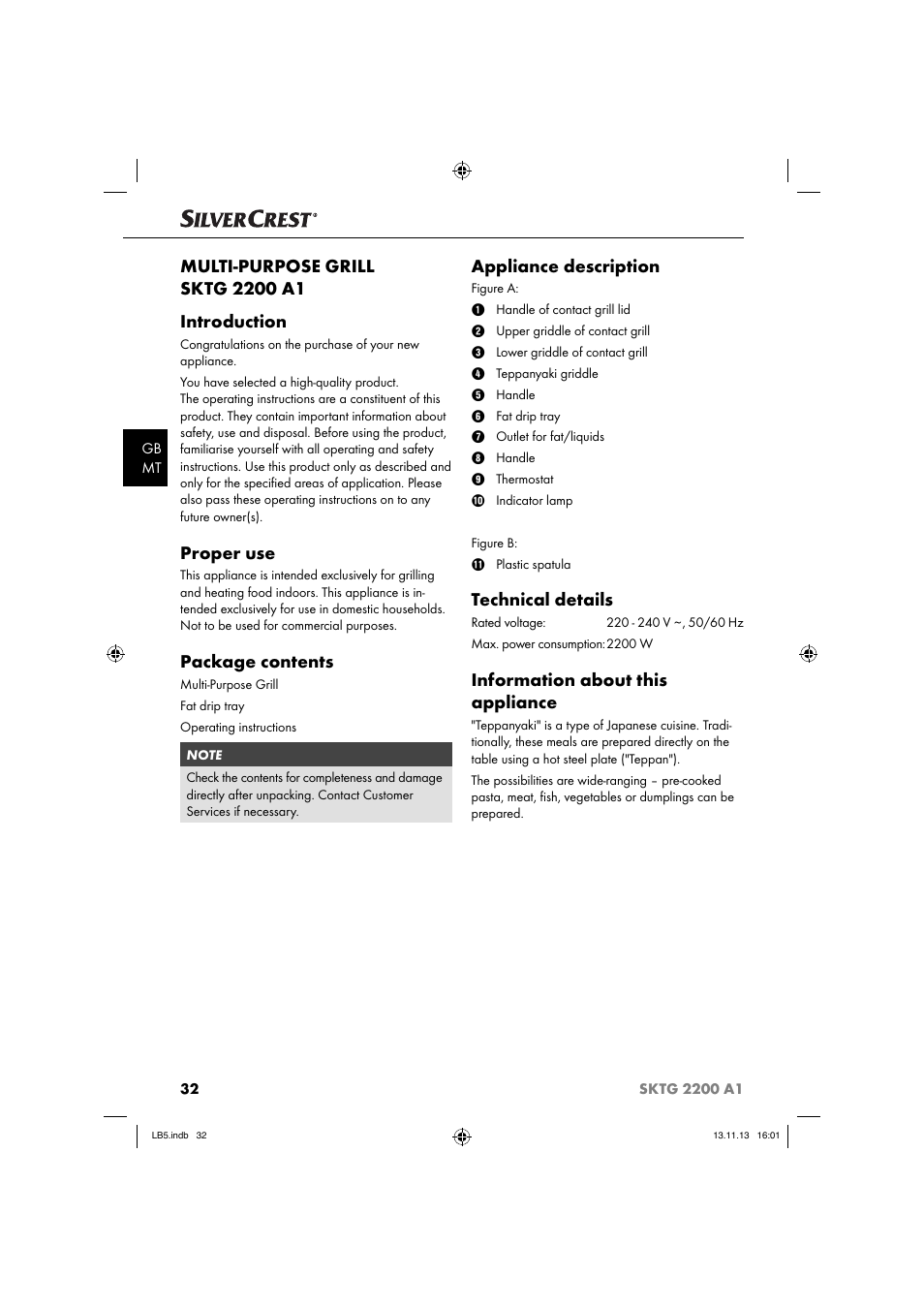 Proper use, Package contents, Appliance description | Technical details, Information about this appliance | Silvercrest SKTG 2200 A1 User Manual | Page 35 / 54
