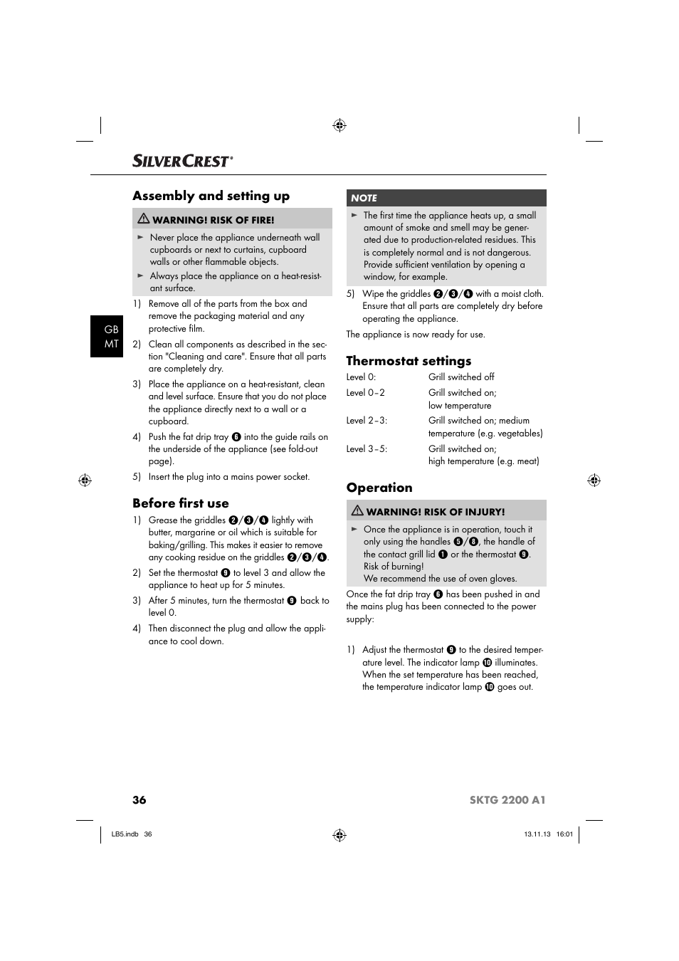 Assembly and setting up, Before ﬁ rst use, Thermostat settings | Operation | Silvercrest SKTG 2200 A1 User Manual | Page 39 / 54