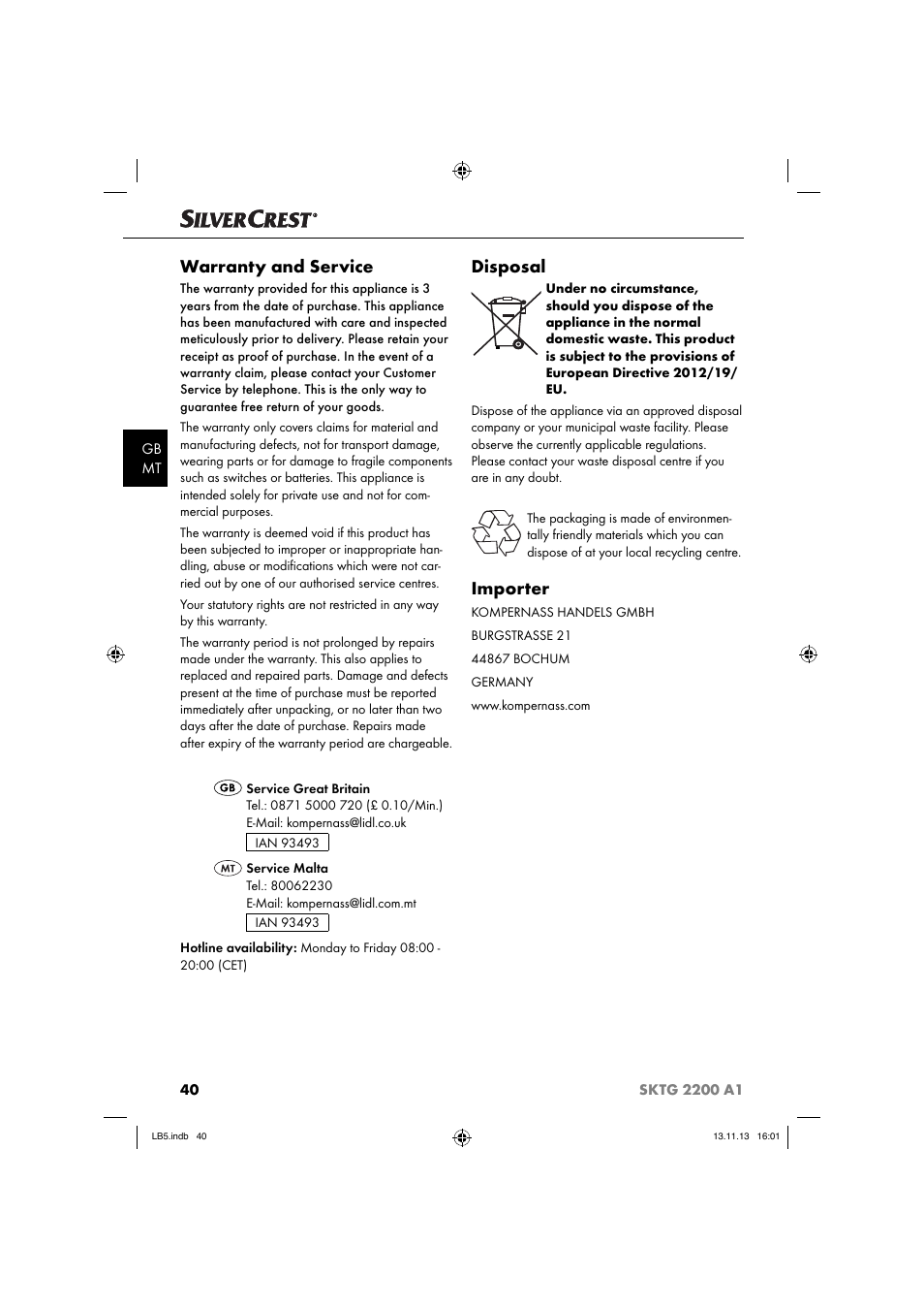 Warranty and service, Disposal, Importer | Silvercrest SKTG 2200 A1 User Manual | Page 43 / 54