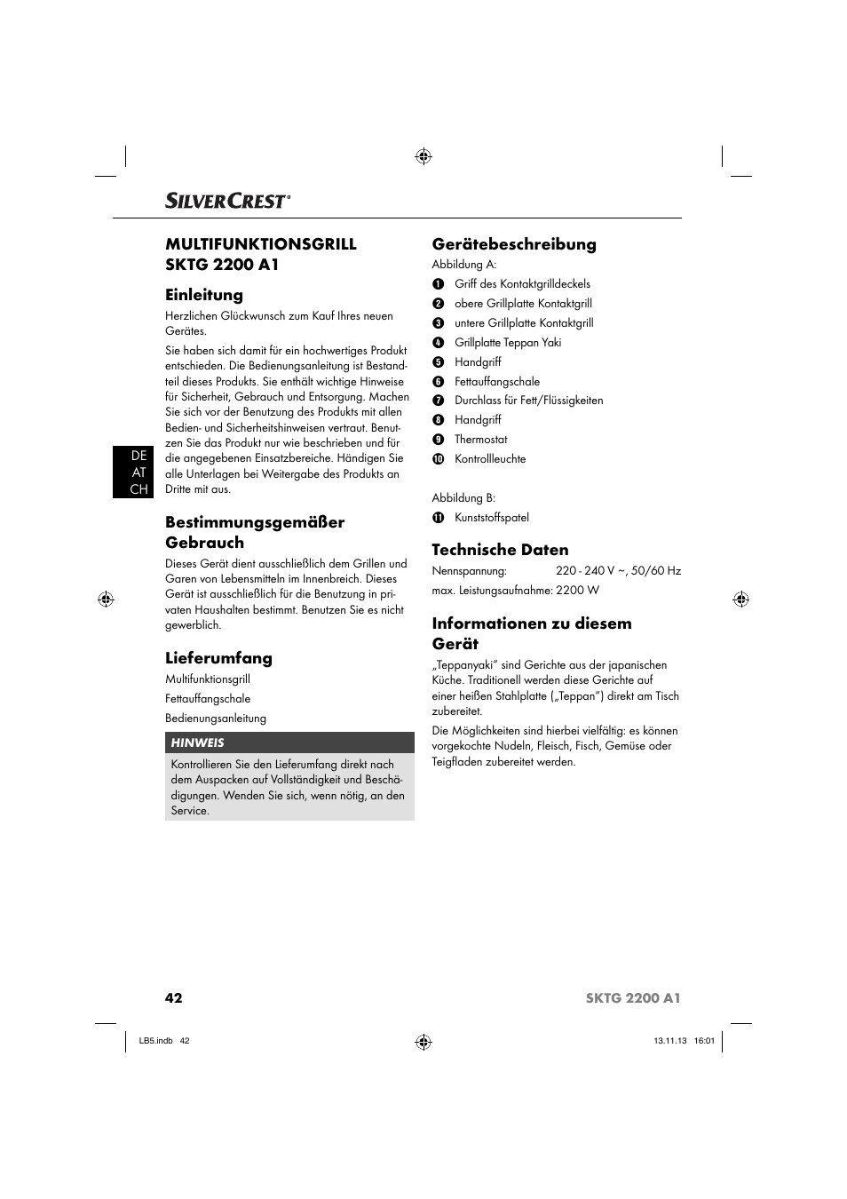 Bestimmungsgemäßer gebrauch, Lieferumfang, Gerätebeschreibung | Technische daten, Informationen zu diesem gerät | Silvercrest SKTG 2200 A1 User Manual | Page 45 / 54