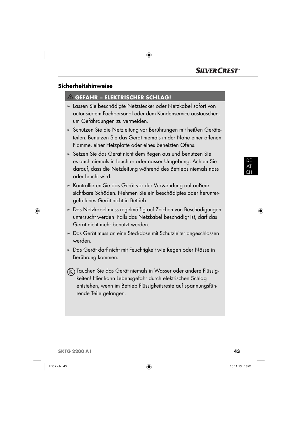 Sicherheitshinweise gefahr – elektrischer schlag | Silvercrest SKTG 2200 A1 User Manual | Page 46 / 54