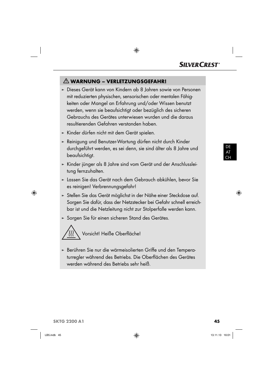 Warnung – verletzungsgefahr, Kinder dürfen nicht mit dem gerät spielen | Silvercrest SKTG 2200 A1 User Manual | Page 48 / 54