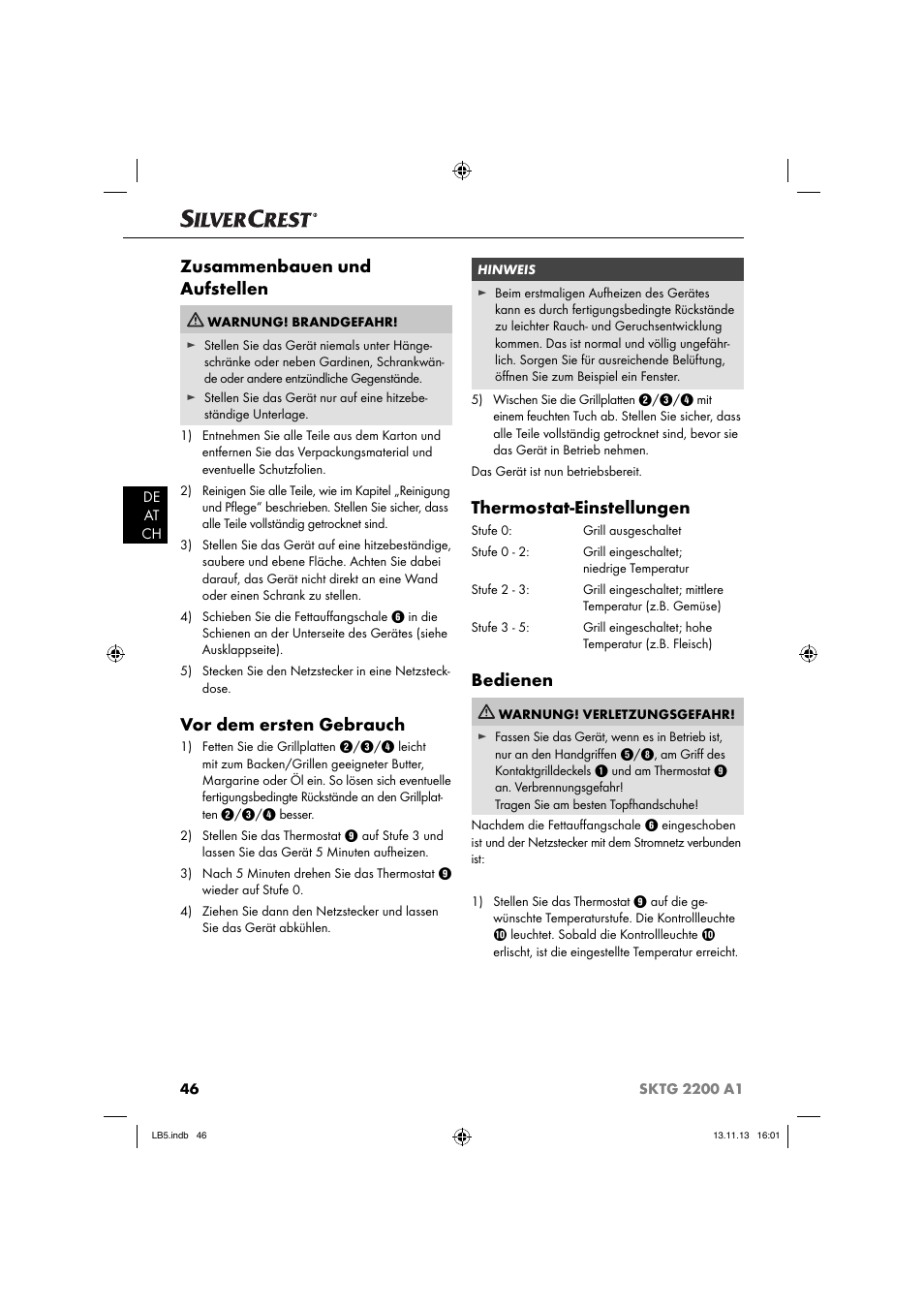 Zusammenbauen und aufstellen, Vor dem ersten gebrauch, Thermostat-einstellungen | Bedienen | Silvercrest SKTG 2200 A1 User Manual | Page 49 / 54