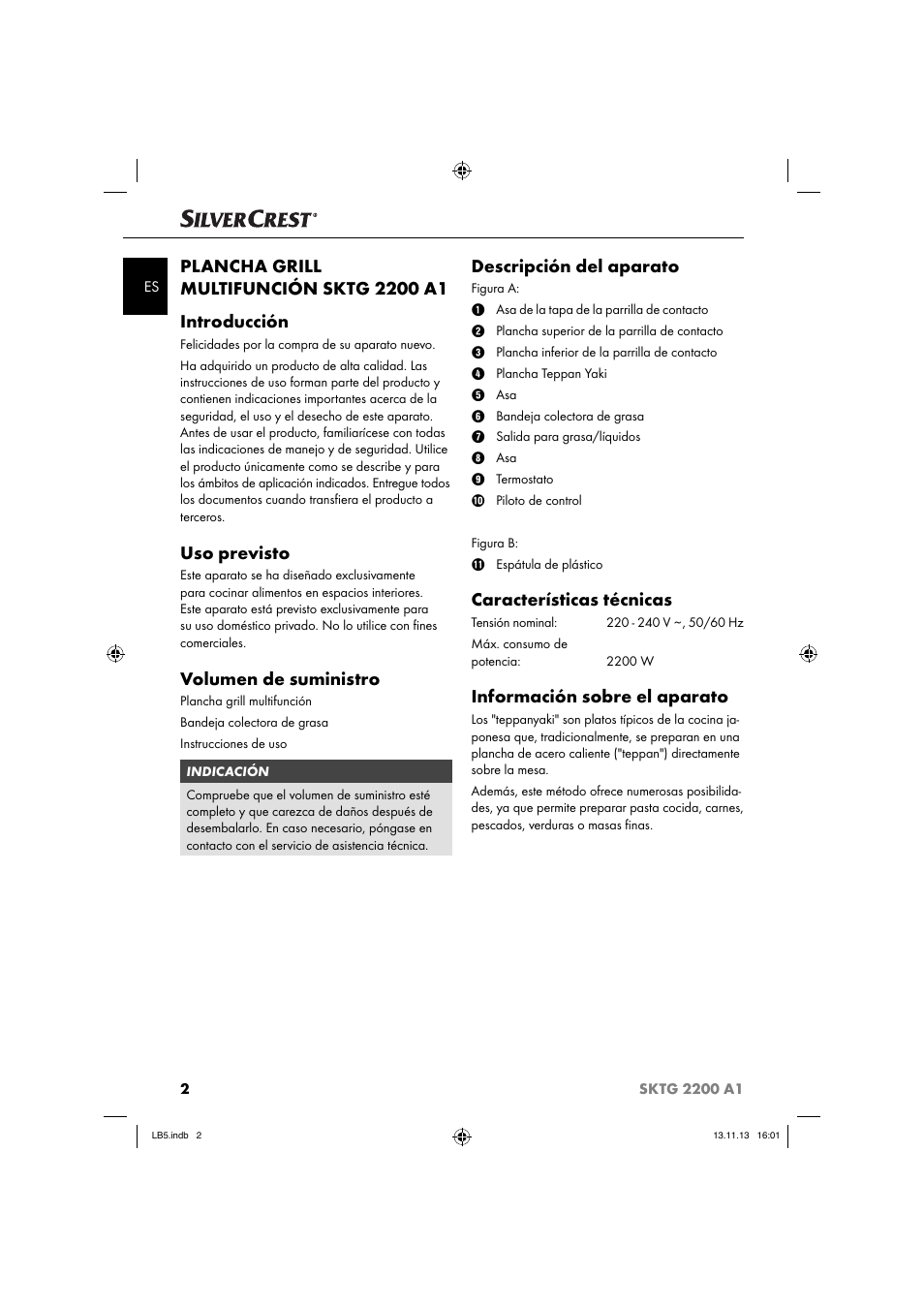 Uso previsto, Volumen de suministro, Descripción del aparato | Características técnicas, Información sobre el aparato | Silvercrest SKTG 2200 A1 User Manual | Page 5 / 54