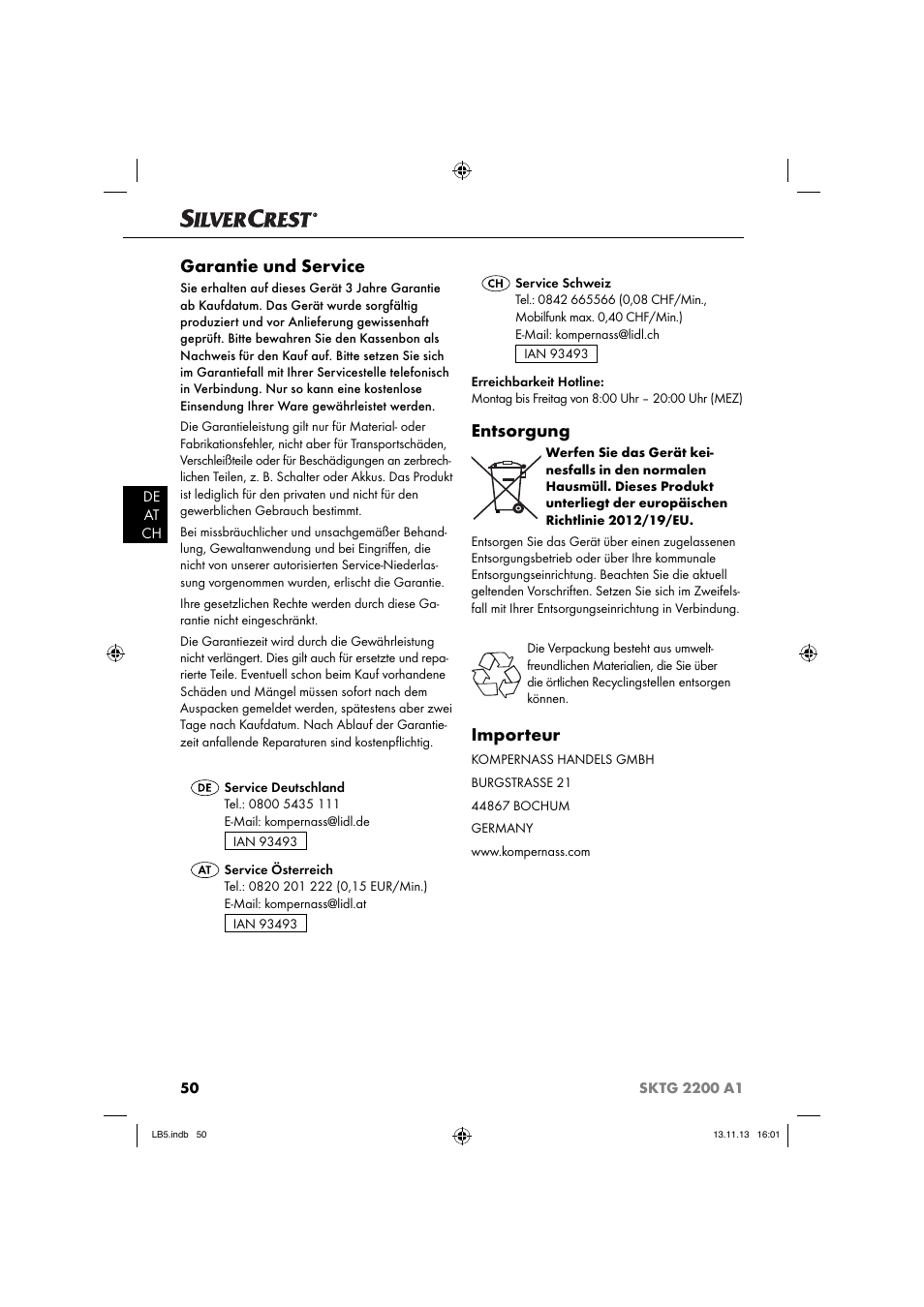Garantie und service, Entsorgung, Importeur | Silvercrest SKTG 2200 A1 User Manual | Page 53 / 54