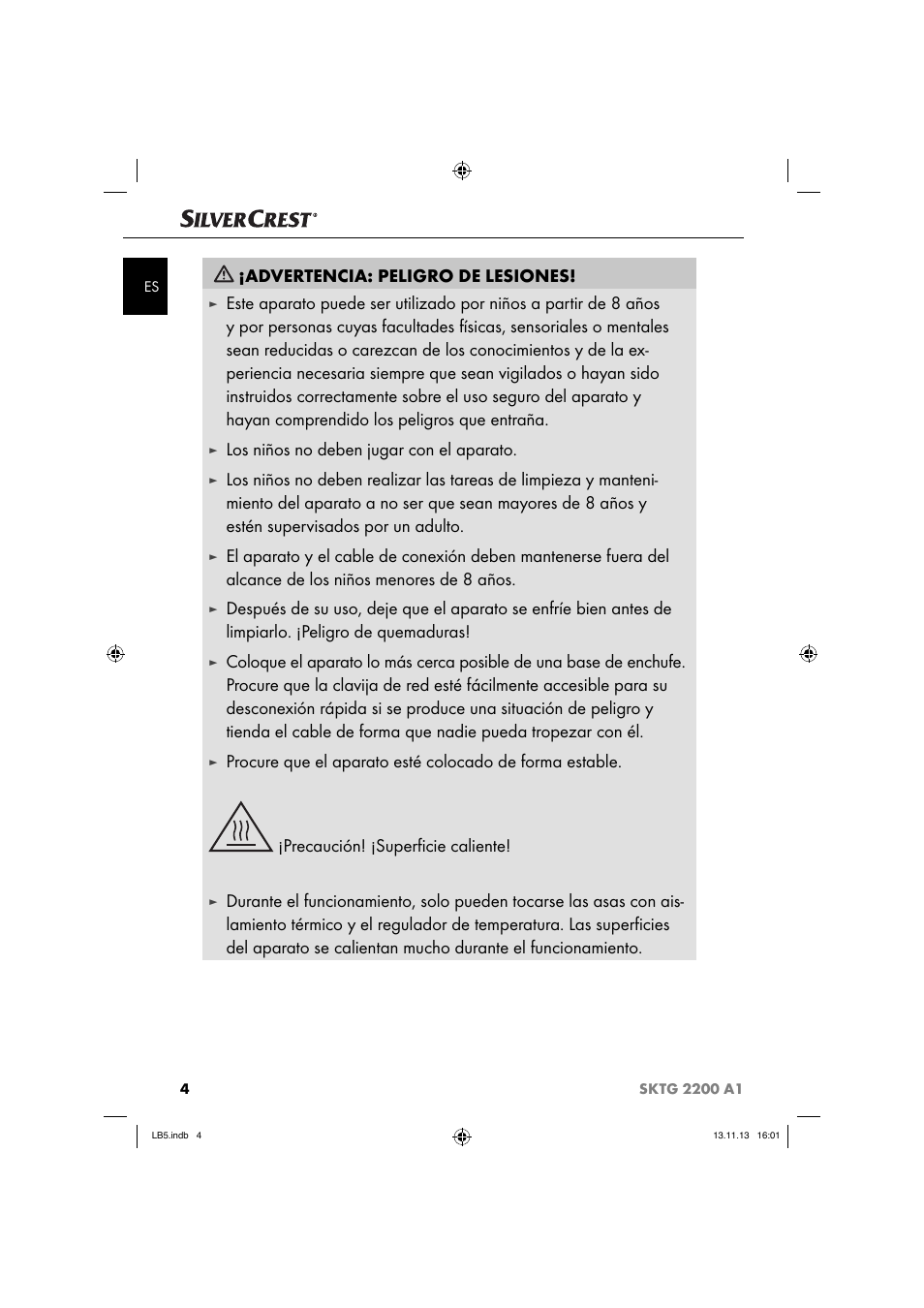 Advertencia: peligro de lesiones, Los niños no deben jugar con el aparato | Silvercrest SKTG 2200 A1 User Manual | Page 7 / 54